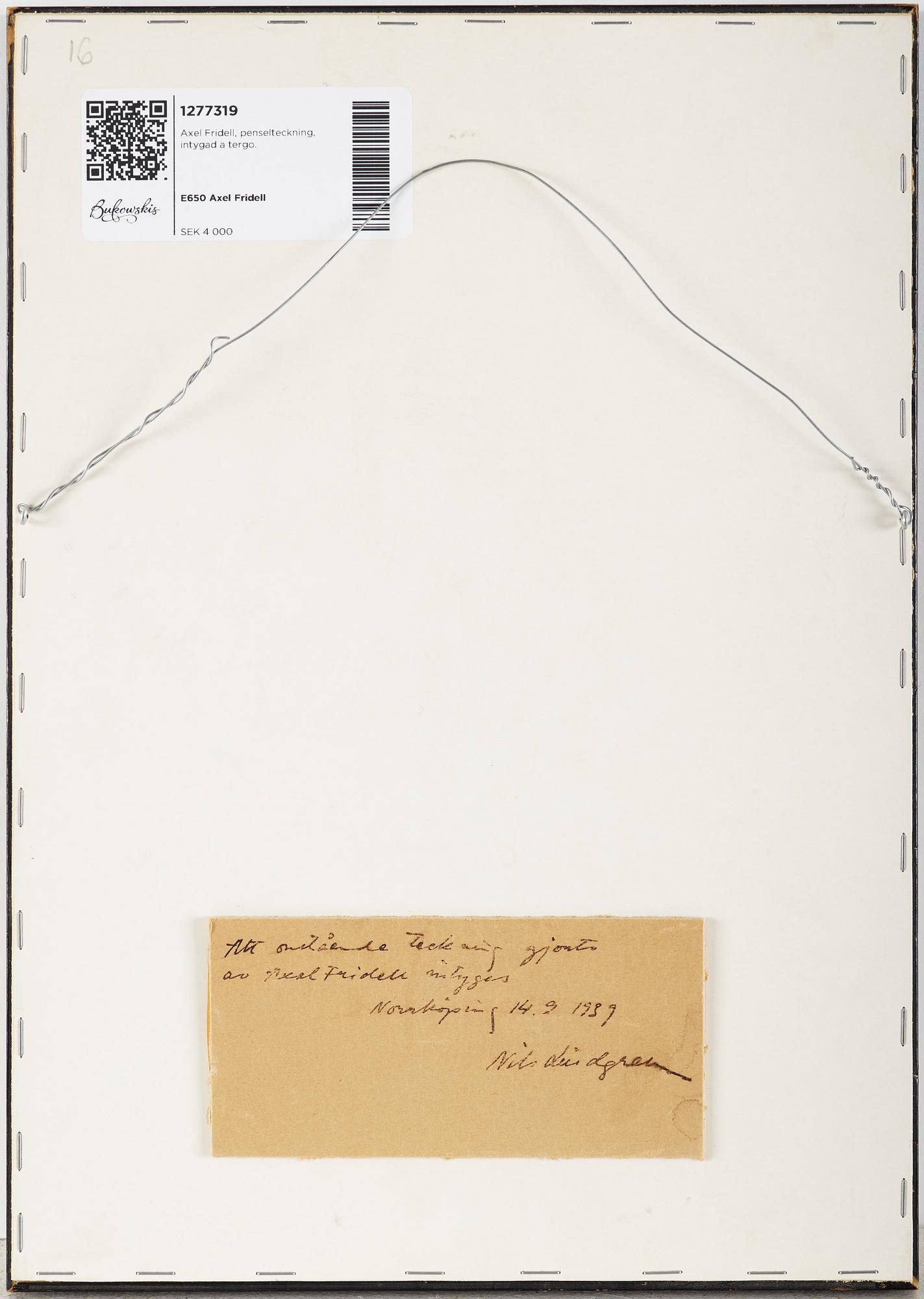 Axel Fridell, brush drawing, certified verso, executed around 1932.