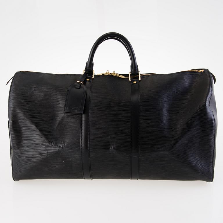 LOUIS VUITTON BLACK EPI LEATHER KEEPALL 55 TRAVEL BAG.