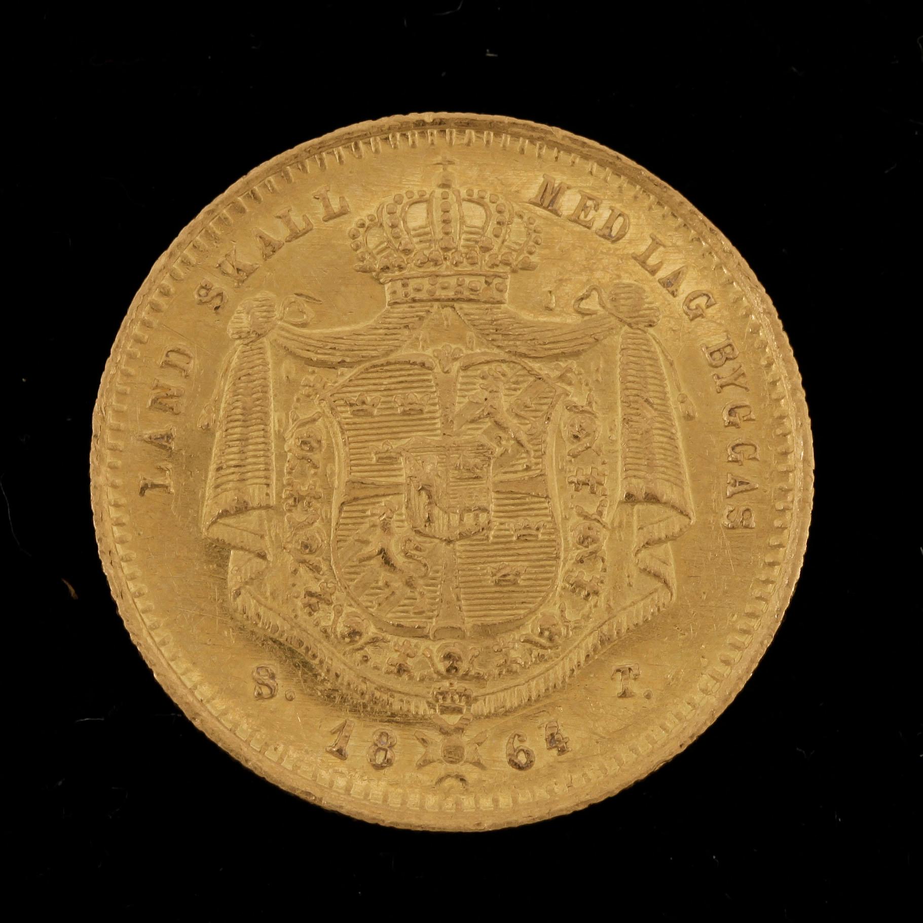 GULDMYNT, dukat, Karl XV, Sverige-Norge 1864. Vikt ca 3 gram.