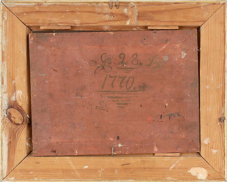 OKÄND KONSTNÄR, olja på pannå, ej signerad, bär otydliga monogram samt datering 1770 á tergo.