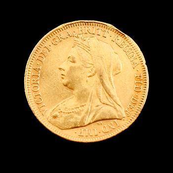 GULDMYNT, sovereign, Victoria, 1896. Vikt ca 8 gram.