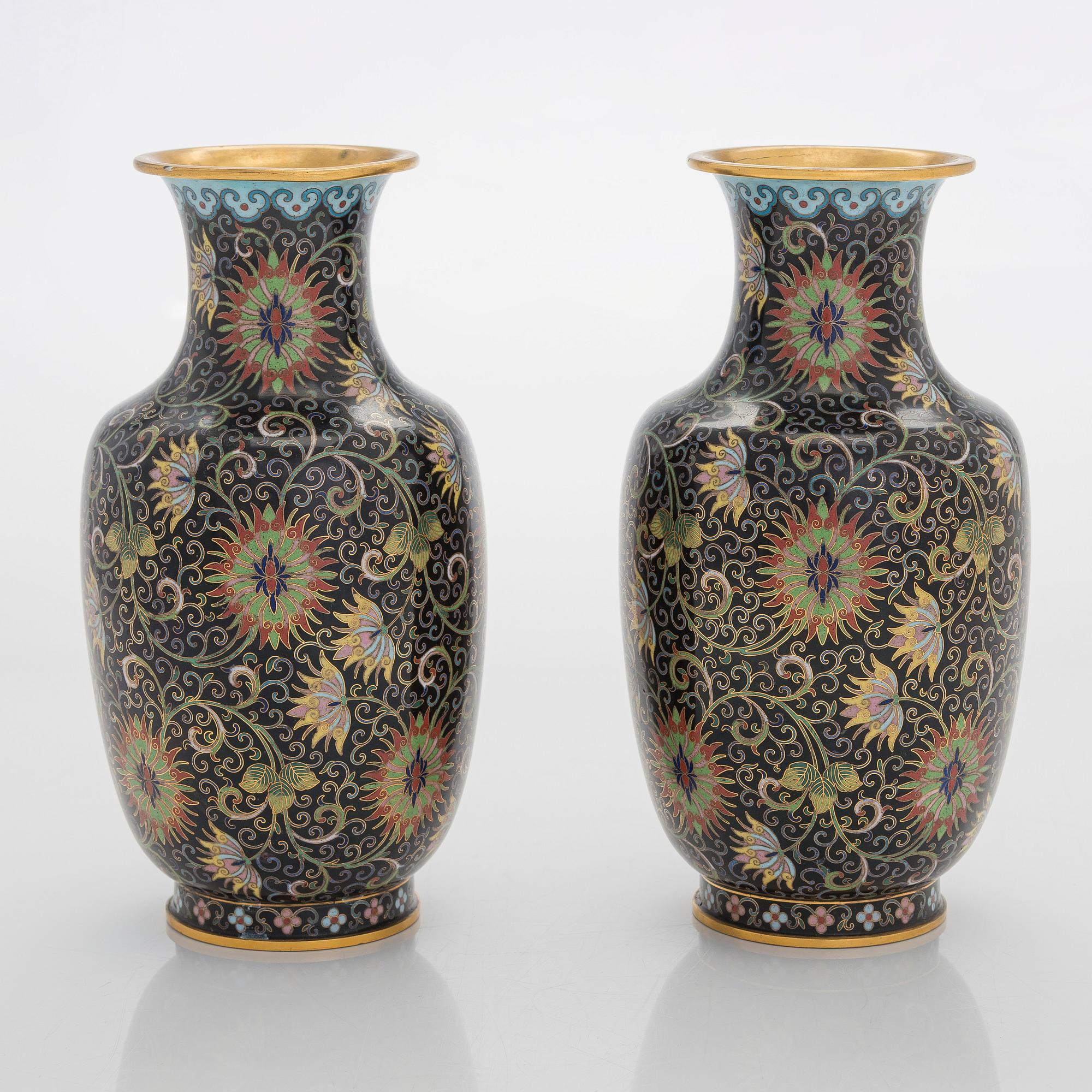 A pair of cloisonné enameled vases, China, 20th century.