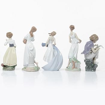 Lladró, figurines, 5 pcs, "Flowers for goddess", "Clumsy me", "Playing with doves", "Blissful youth", "Garden of Athens".