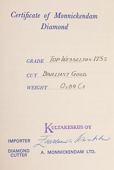 DIAMANT, briljantslipad 0,89 ct F-G (Top Wesselton) / VVS2.