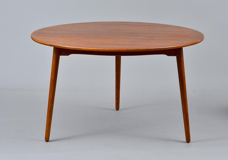 Hans J. Wegner, A SET OF SIX CHAIRS AND A TABLE, The Heart Chair. Beech and oak, teak on seats.