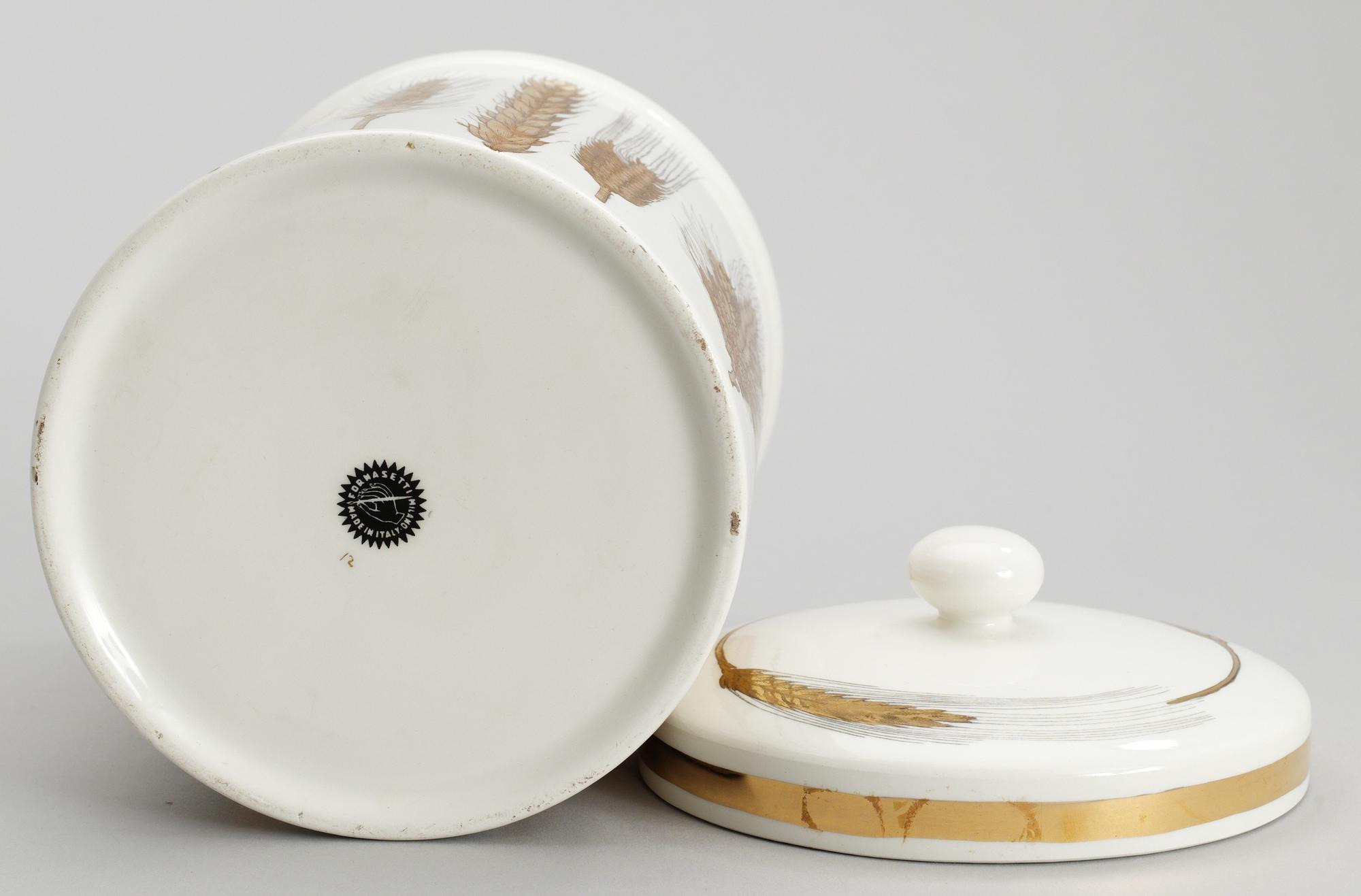 A Piero Fornasetti lidded ceramic jar with gilt decoration, Milan porbably 1950's.