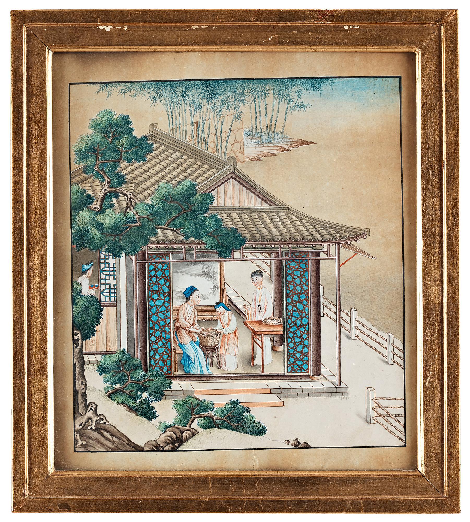 AKVARELLER, nio stycken. Okänd konstnär, Qingdynastin, 1800-tal.
