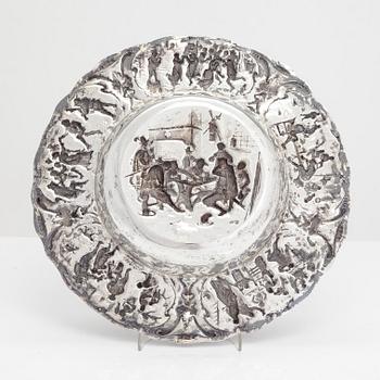 A tavern motif silver dish, maker's mark of Zaanlandse Zilversmederijen, Amsterdam, Netherlands 1961.