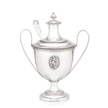 A Swedish silver sugar bowl, Johan Schvart, Karlskrona 1791 and suger spoon, Gustaf Möllenborg, Stockholm 1892.