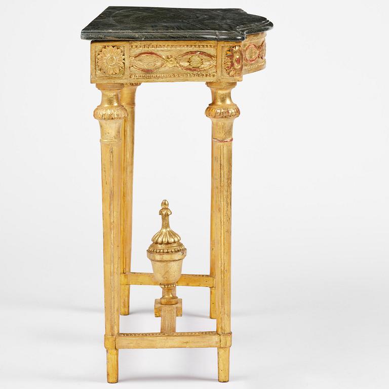 A Gustavian giltwood and Kolmårdsmarble-top console table, Stockholm, late 18th century.