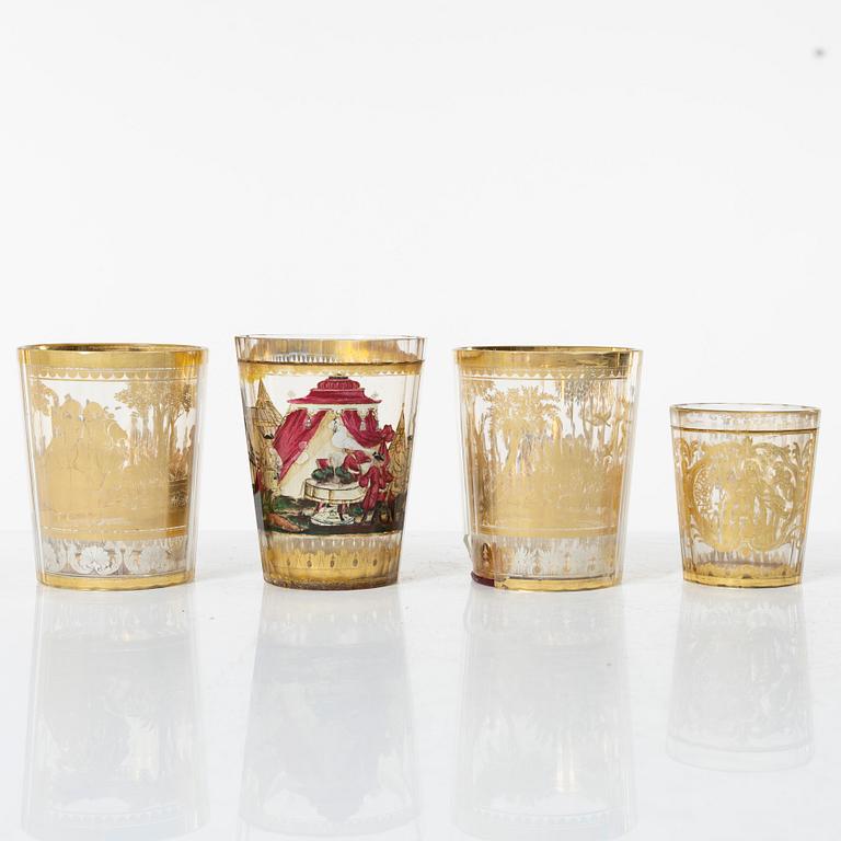 Four zwischengoldglas glasses, three of historic style from around the year 1900, one older.