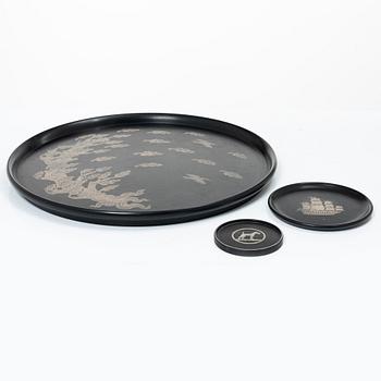 Brickor och coaster, 3 delar, bakelit och silver, Perstorp Ab 1960-tal.
