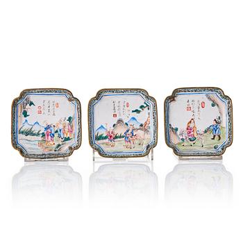 A set of three copper on enamel coasters, Qing dynasty, 18th century.