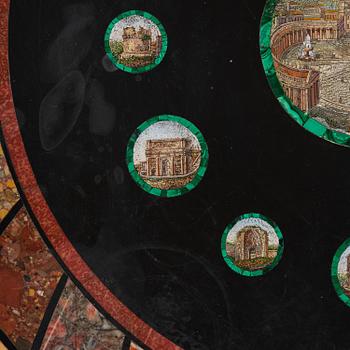 An Empire-style mahogany table with a pietre dure, micromosaic and specimen marble top, mid 19th century.