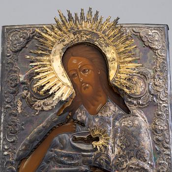 A St John the Baptist icon parcel-gilt rizza, unidentified maker's mark Ogonikov (Огоньковъ), Riga, 1859.