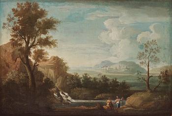 843. Claude Lorrain Hans art, Vidsträckt landskap med rastande figurer.