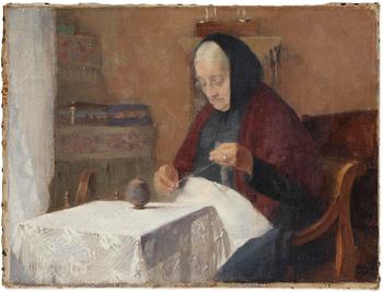 Helene Schjerfbeck, "Dam vid spinnrocken" ("Lady at the spinning wheel", Portrait of Mrs Ulrika Baarman).