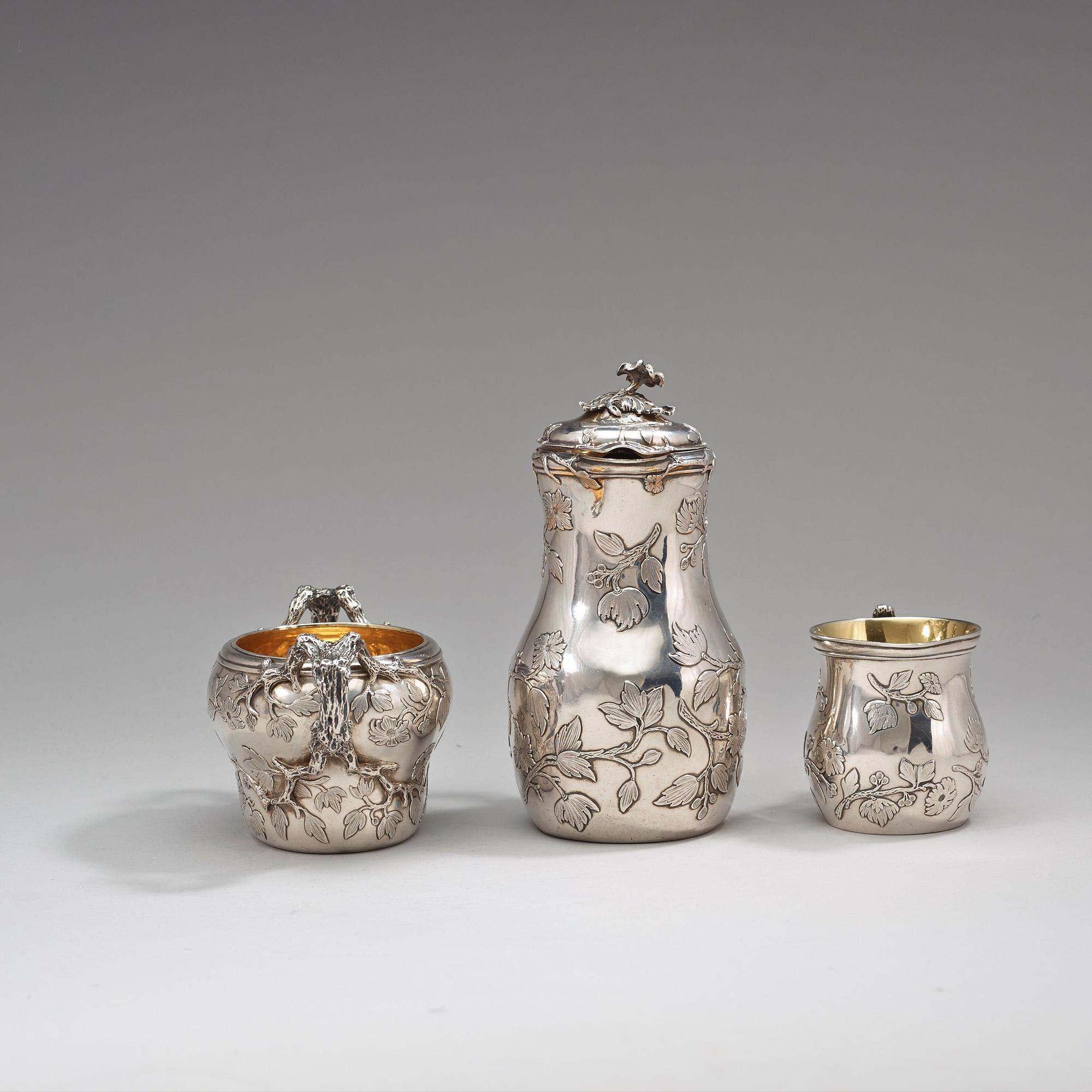 A Swedish 19th century parcel-gilt four piece coffée-set, makers mark of Gustaf Möllenborg, Stockholm 1849.