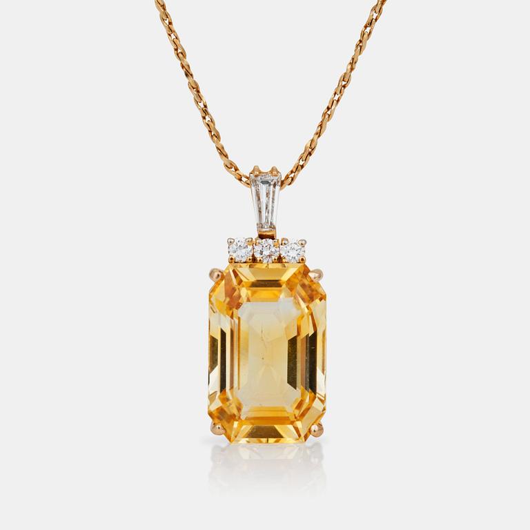 An unheated 14.80 ct fancy yellow sapphire and diamond pendant. Certificate from SSEF.