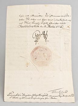 DOKUMENT MED KUNGLIG AUTOGRAF, egenhändigt sign av Konung Gustaf III av Sverige, 8 mars 1775.