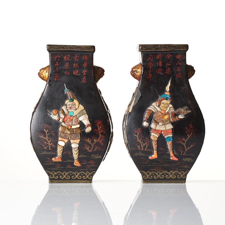 A pair of hardstone embellished vases, mid Qing dynasty.