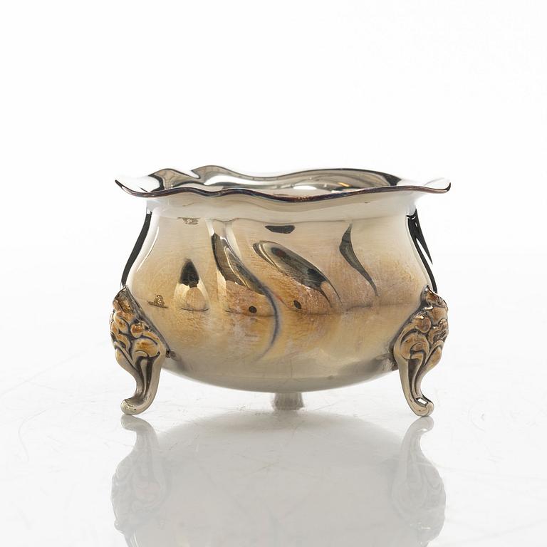 Wilhelm T Binder, sugar bowl, creamer, tray and sugar tong, silver, Schwäbisch Gmünd, Germany, 20th century.
