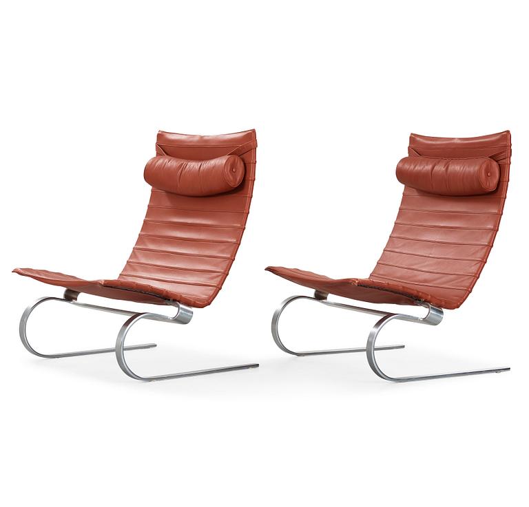 Poul Kjaerholm, a pair of 'PK-20' steel and brown leather easy chairs, Fritz Hansen, Denmark 1990.