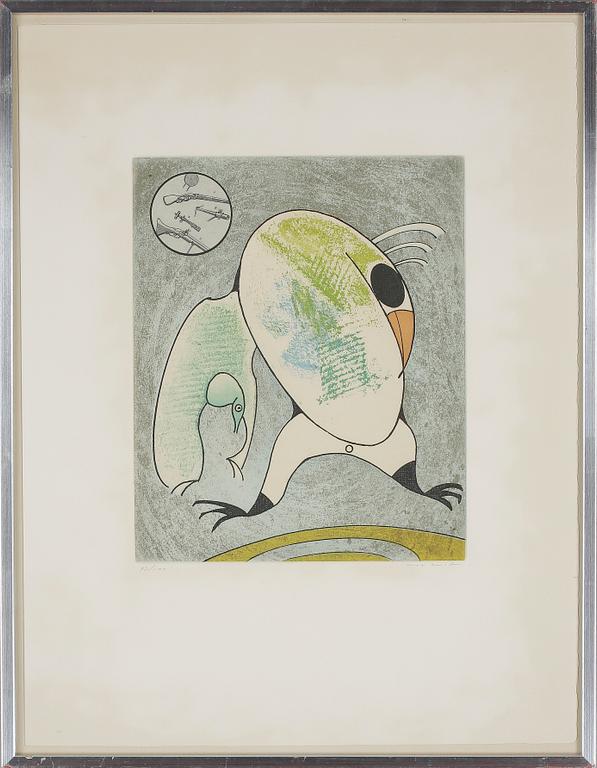 MAX ERNST, färgetsning med collage signerad med blyerts 97/100. Utförd 1975.