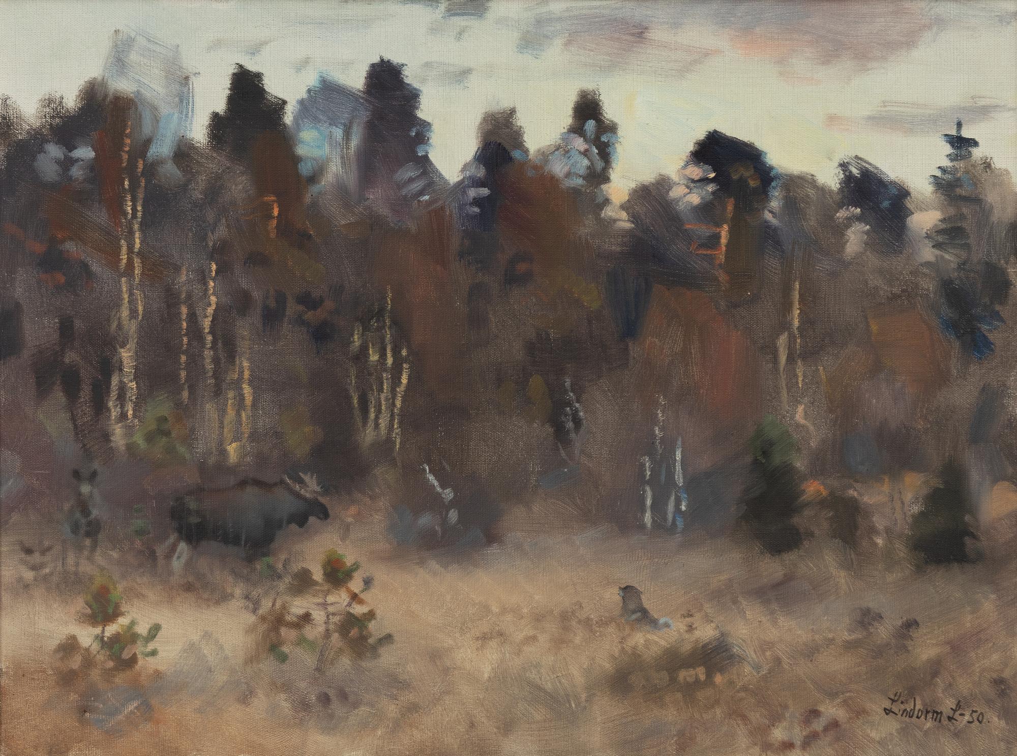 Lindorm Liljefors, Älg, kalv och hund på myr.