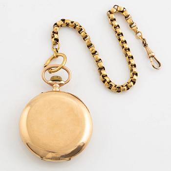 Pocket watch, 14K gold with an 18K chain, 52 mm.