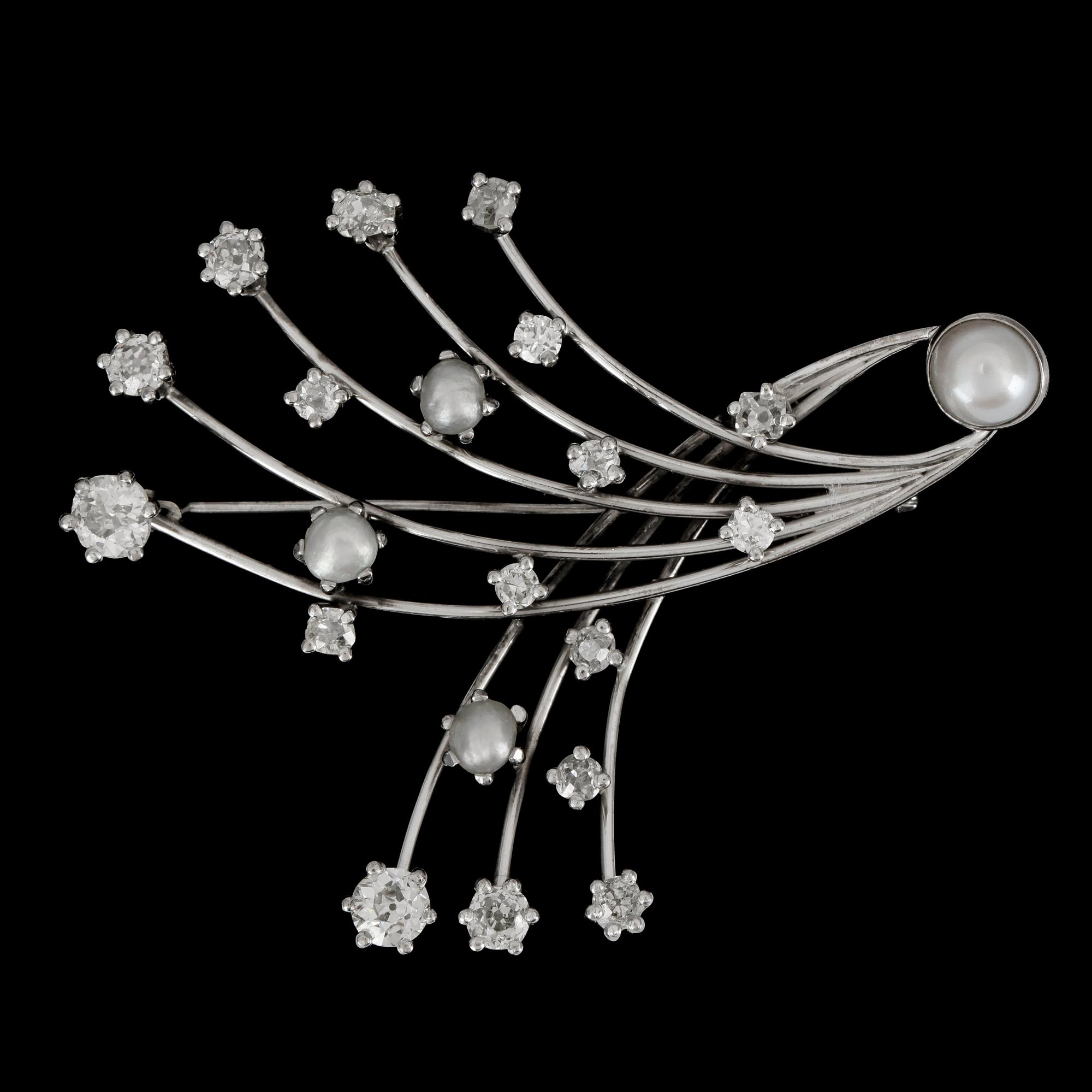 A cultured pearl and brilliant-cut diamond brooch.