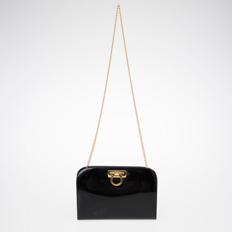 A SALVATORE FERRAGAMO Black Patent Leather Shoulder Bag.