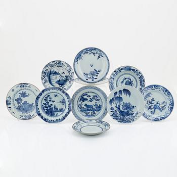 A set of nine blue and white dishes, Qing dynasty, 18th Century.