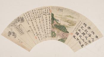 Oidentifierad konstnär, s.k. "Solfjädersmålning", Elegant dam, Kalligrafi och Landskap, Kina, 1900-tal.