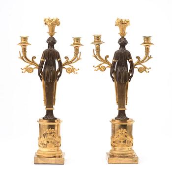A pair of Swedish Empire early 19th century three-light candelabra.