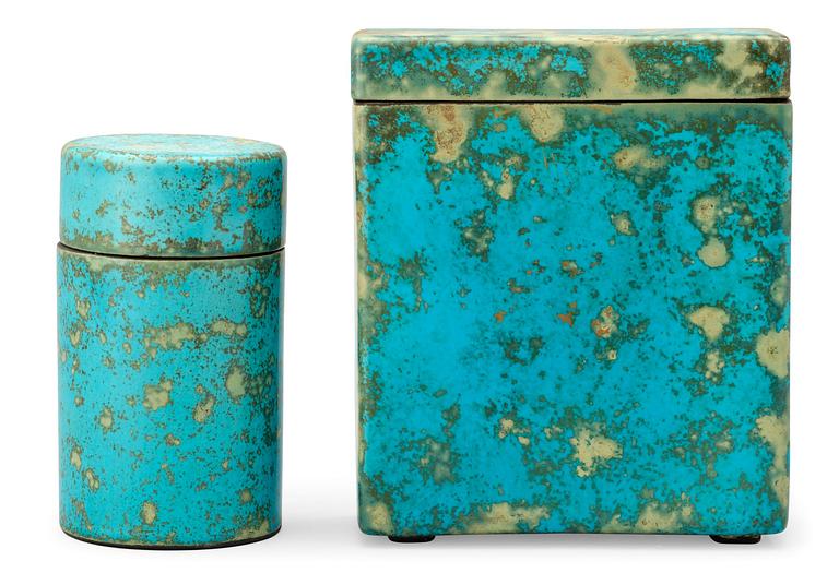 Two Hans Hedberg faience boxes, Biot, France.