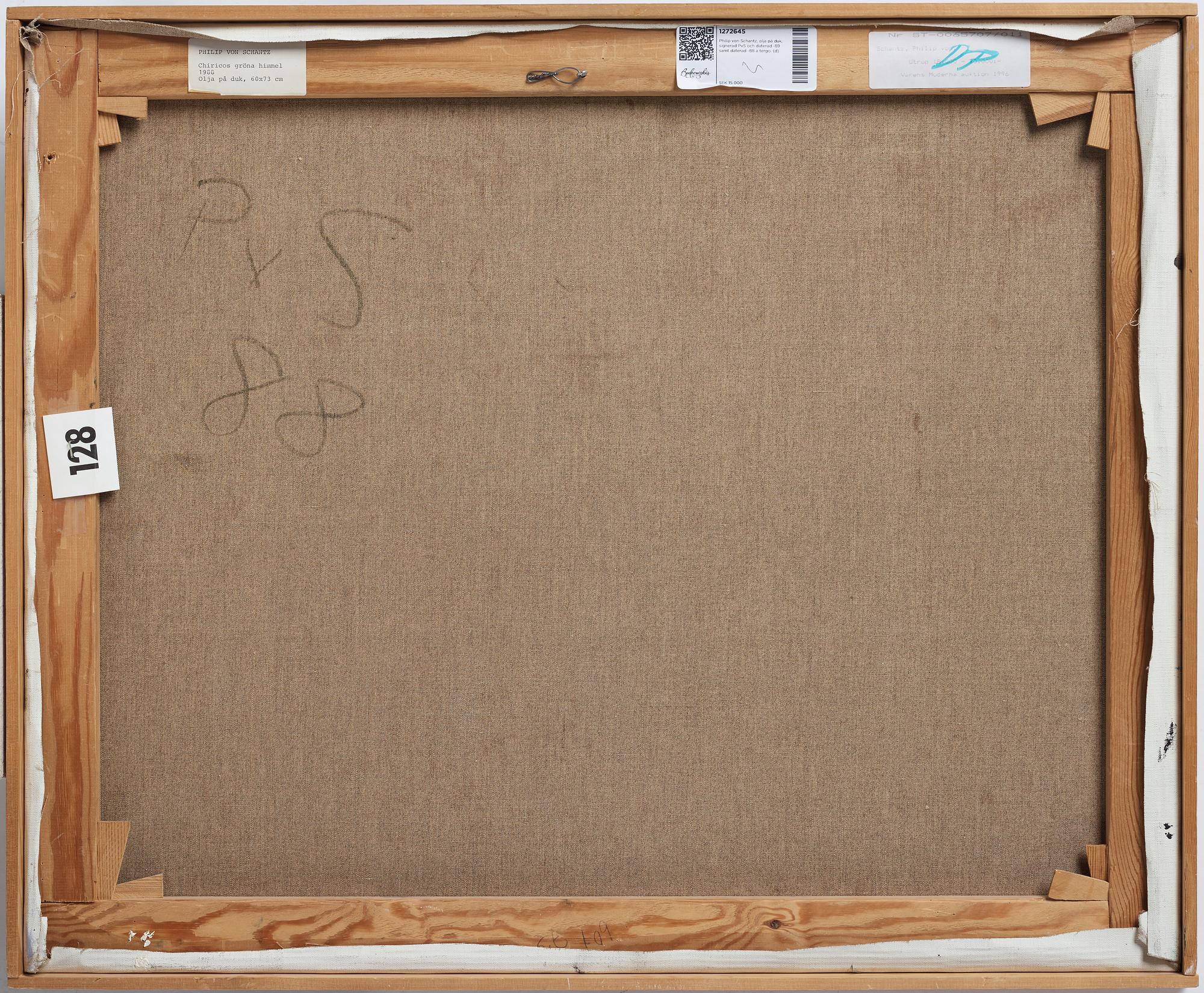 Philip von Schantz, oil on canvas, signed PvS and dated -89, on verso dated -88.