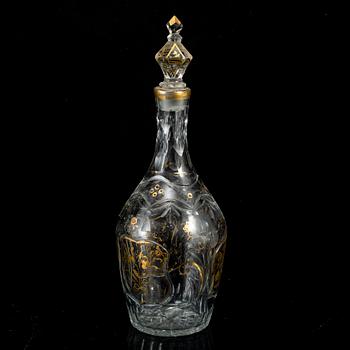 KARAFFER, tre (2+1) stycken, glas. 1800-tal.