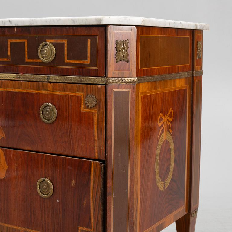 A marquetry and white marble-top commode, Gustavian-style incorporating older elements.