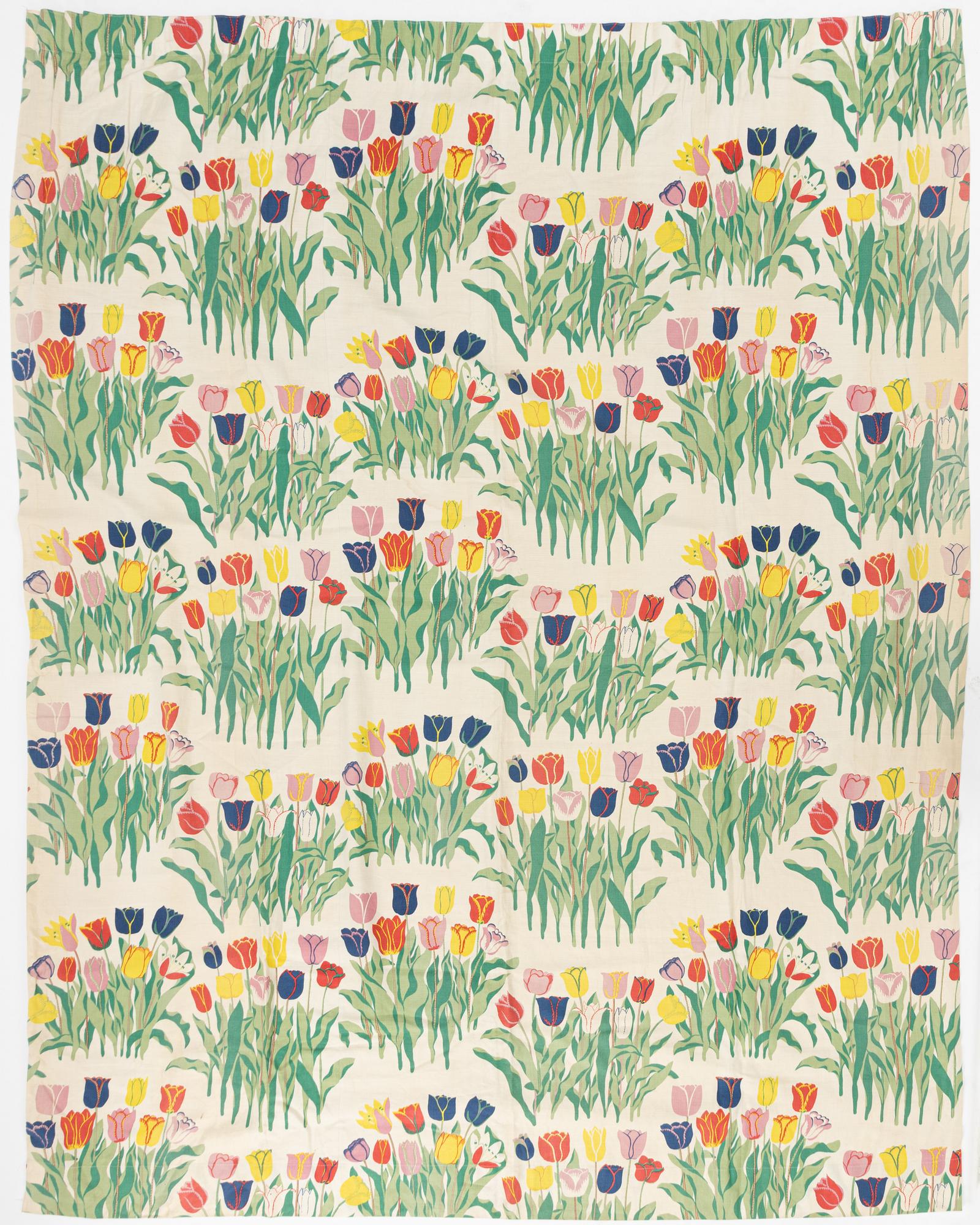Josef Frank, gardiner, ett par, samt gardinkappor, 3 st, "Tulpan", Svenskt Tenn.