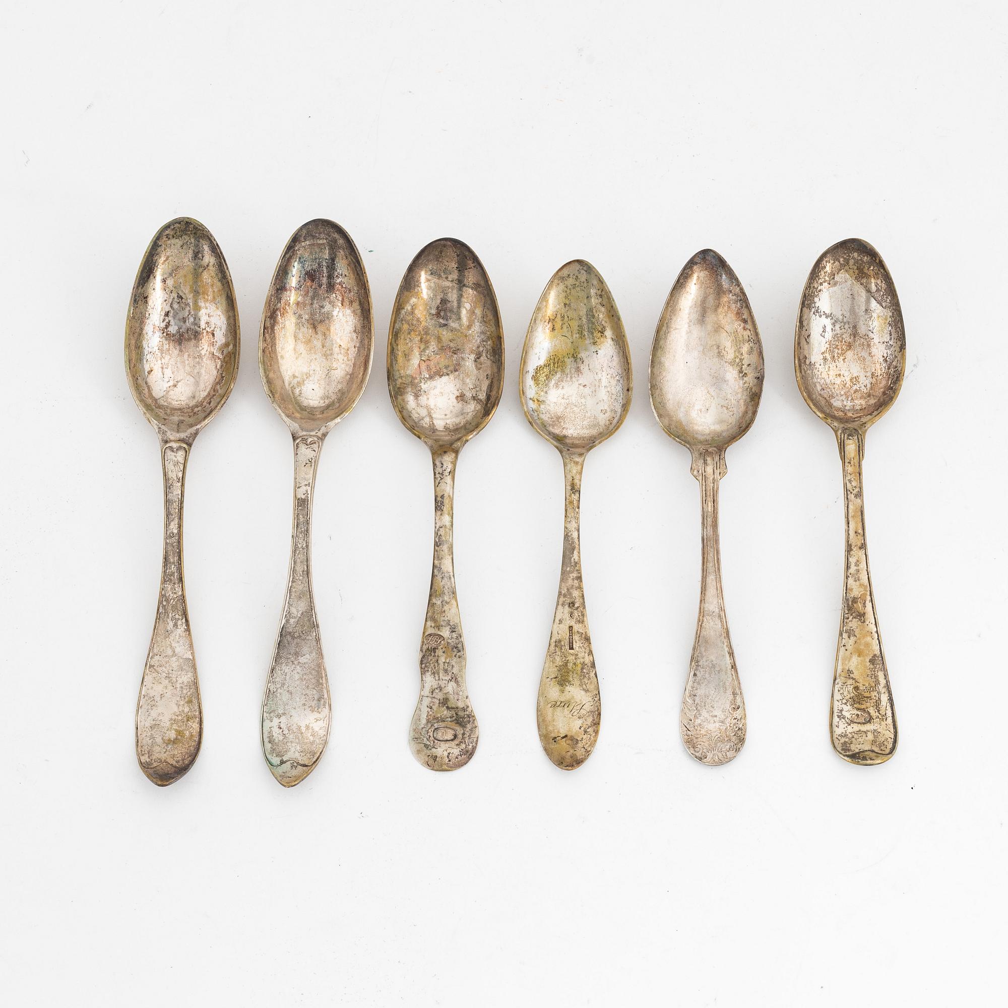 Six Swedish silver table spoons, 18-19th century.