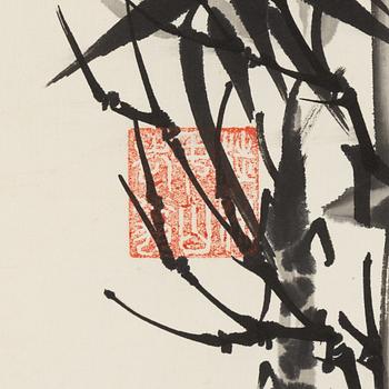 A Chinese scroll painting, ink on paper, signed 1993 by D Wang.