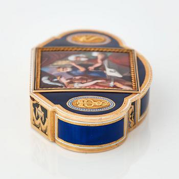 An early 19th century gold and enamel box, unidentified makers mark &SD, possibly Genève.