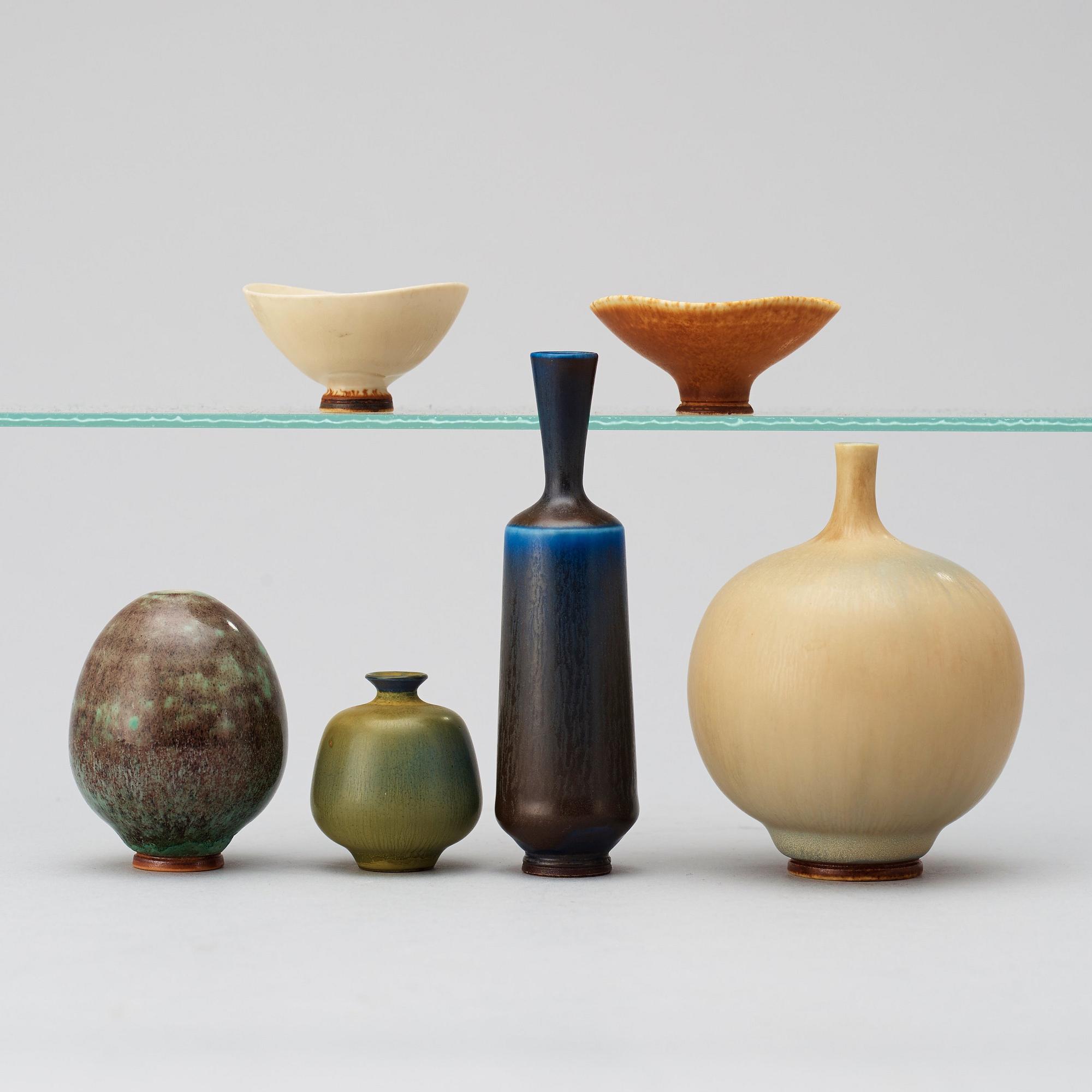 A Berndt Friberg set of six miniature vases and bowls, Gustavsberg Studio.