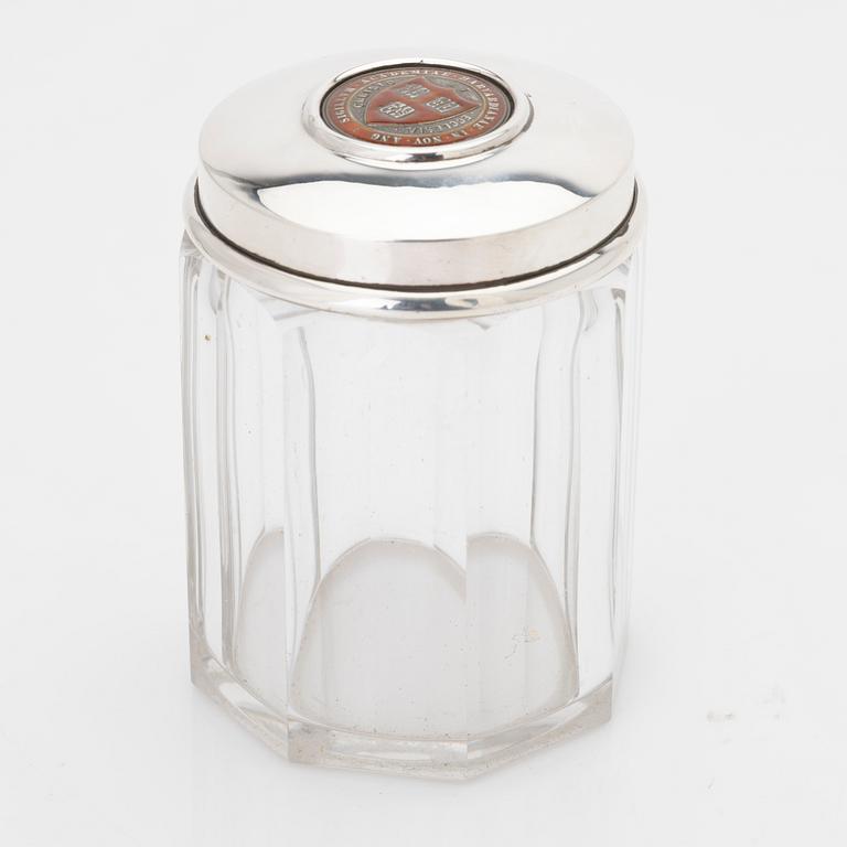 Lidded jar, sterling silver and glass, Howard & Co, New York, 1895.