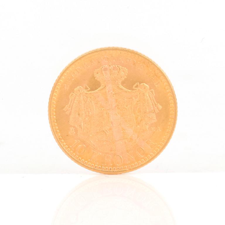 GULDMYNT, 10 kronor, Oscar II av Sverige och Norge 1901. Vikt ca 4,5 gram.