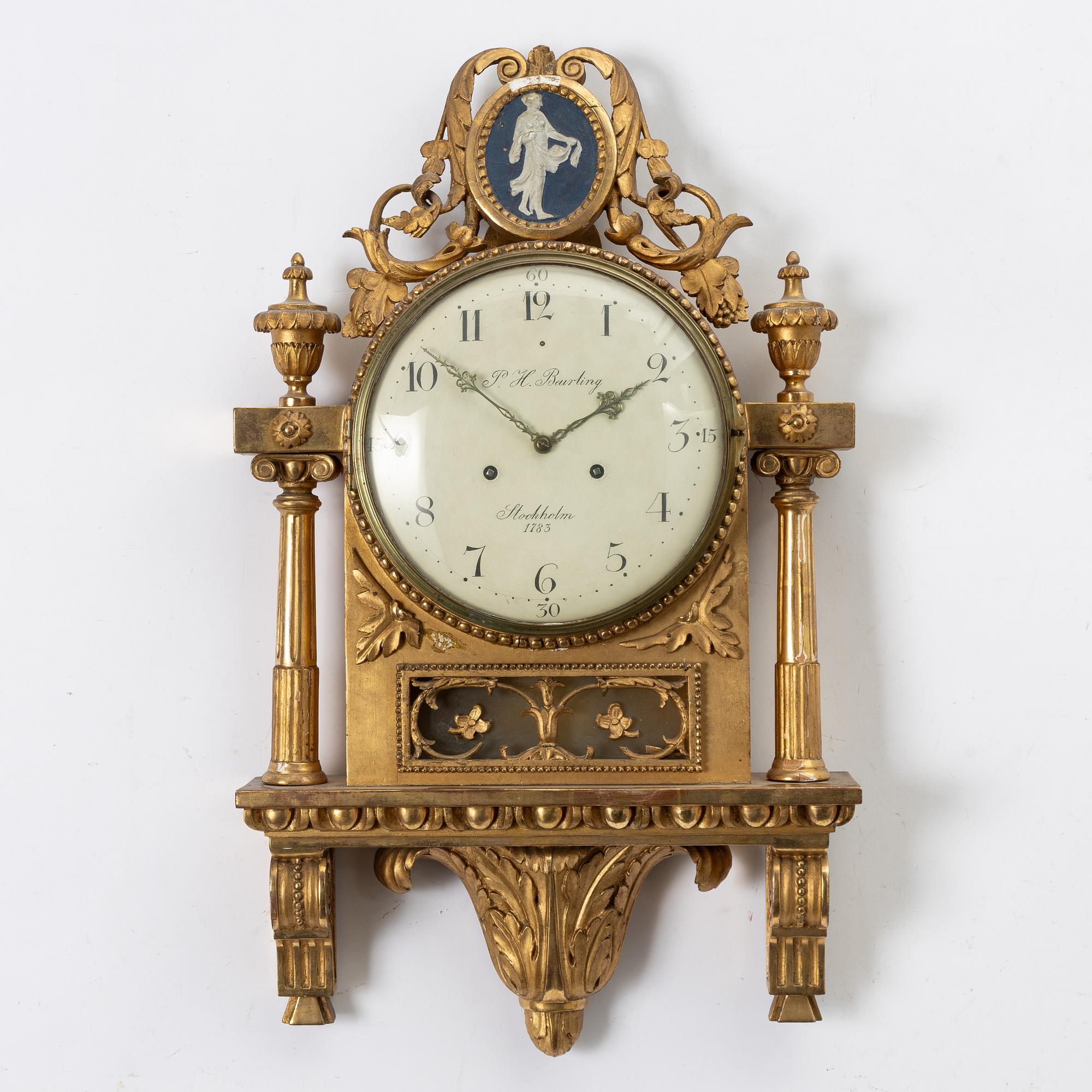 A late Gustavian wall clock by Per Henrik Beurling (master in Stockholm 1783-1806).