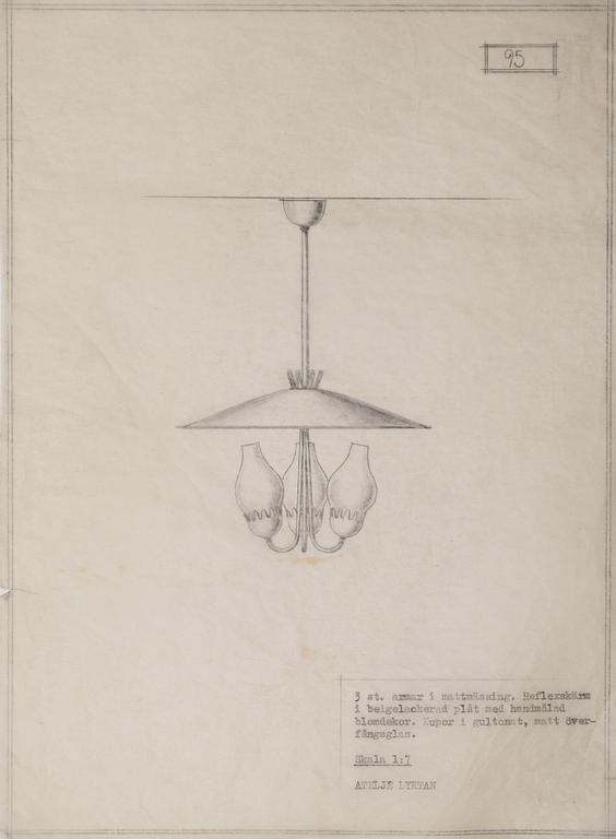 Hans Bergström, a ceiling lamp, model "95", ateljé Lyktan, Sweden 1940-50s.