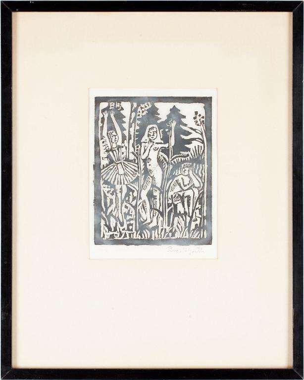 BROR HJORT, träsnitt, sign.