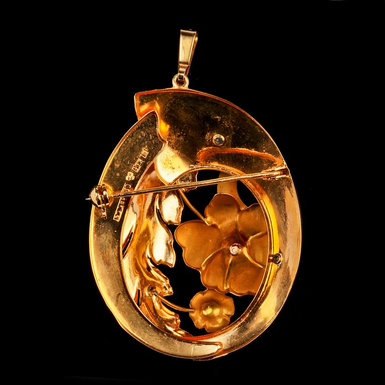 BROSCH/HÄNGE, 18k guld med 2 små orientaliska pärlor, Gustaf Dahlgren & co, Malmö, 1948. Vikt 10 g.